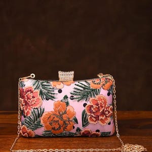 Pink Embroidered Silk Clutch: Handcrafted Evening Bag