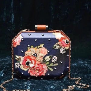 Blue Embroidered Silk Clutch: Beaded Handbag Purse with Chain
