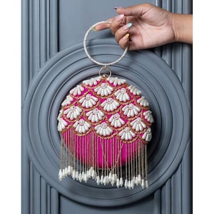 Pink Embroidered Silk Clutch: Beaded Circle Handbag, Evening Purse