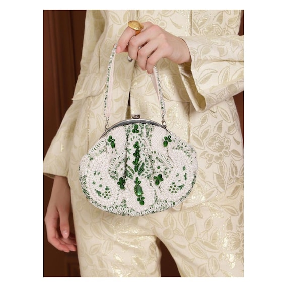 Embroidered Clutch Bag: White & Green Evening Handbag - Etsy display picture 3