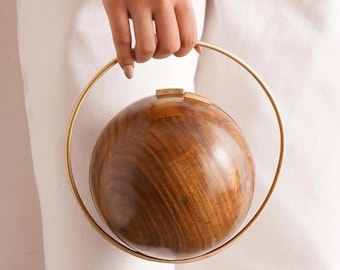Wooden and Brass Clutch Bag - Brown Handcrafted Handbag - Ball Evening Clutch Purse for Parties, outing & wedding