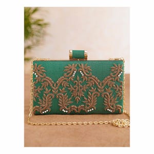 Green Embroidered Silk Clutch: Handcrafted Evening Handbag