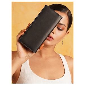 Cartera de piel negra hecha a mano para mujer - Cartera de piel auténtica - Accesorios elegantes y duraderos para uso diario