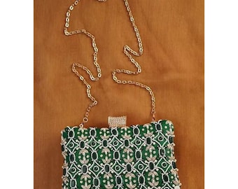 Green Embroidered Silk Clutch: Beaded Evening Handbag