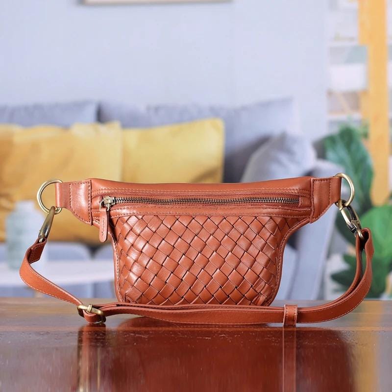 Tan Brown Leather Fanny Pack: Unisex Traveler Bum Bag
