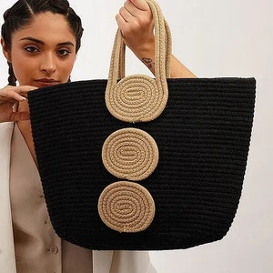 Black Handcrafted Jute Tote Bag