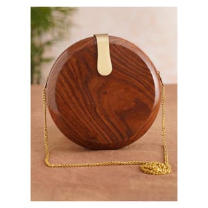 Pochette marron en bois fabriquée à la main - Sac à main rond - Pochette de soirée