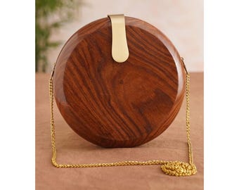 Brown Handcrafted Wooden Clutch - Round Handbag - Evening Clutch