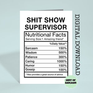 Shit Show Supervisor US Spelling Nutritional Facts Print at Home Card Digital Download | * Fichier numérique Aucun article physique ne sera expédié *