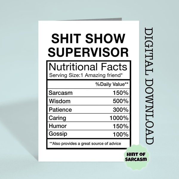 Shit Show Supervisor US Spelling Nutritional Facts Print at Home Card Digital Download |*Digital File No Physical Item Will Be Shipped*