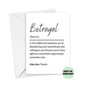 A5 Betrayal Definition Card:  Coworker Card | Funny Coworker leaving Card| Coworker Definition Card | Colleague Card | Leaving Card| New Job