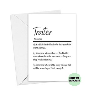 A5 Traitor Definition Card:  Coworker Card | Funny Coworker leaving Card| Coworker Definition Card | Colleague Card | Leaving Card | New Job