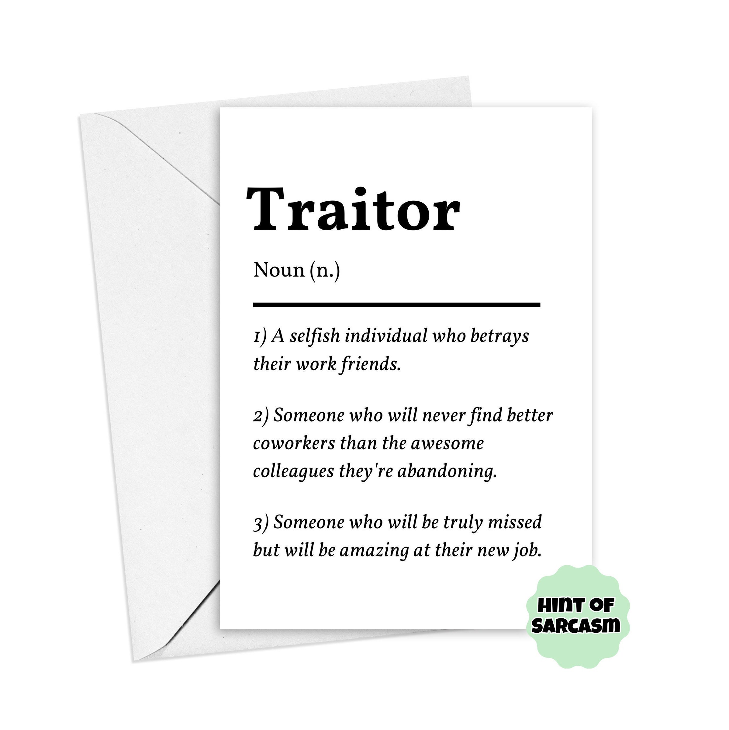 Traitor Definition Card - Humorous Coworker Leaving Card - New Job Card -  Naughty Card For Him Her - Card For Coworker