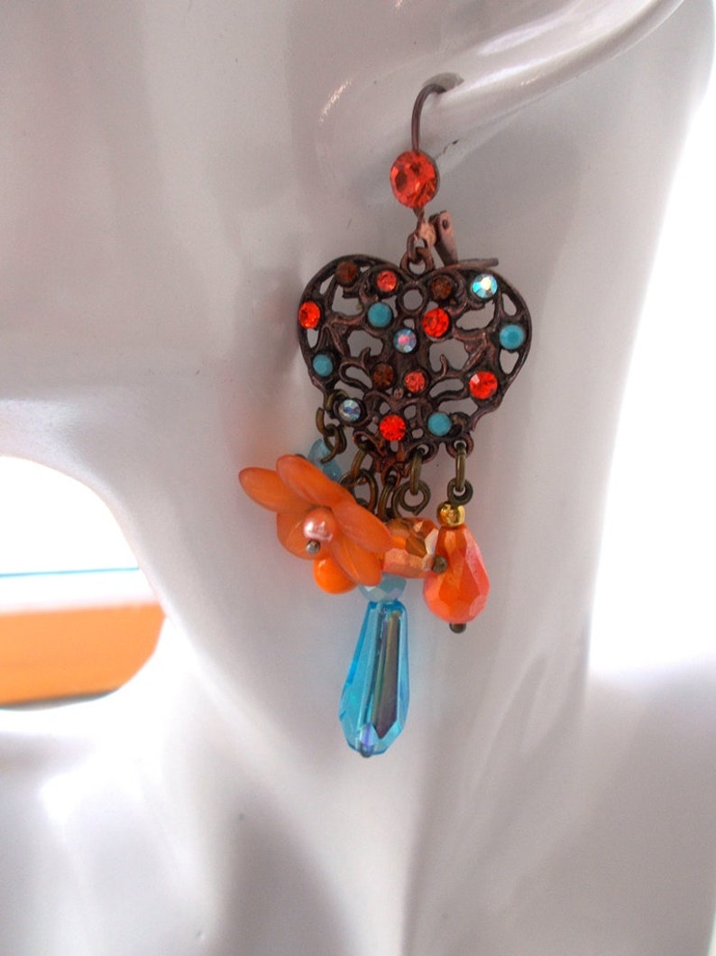 boho swarovksi orange earrings and blue drop orange and blue glass