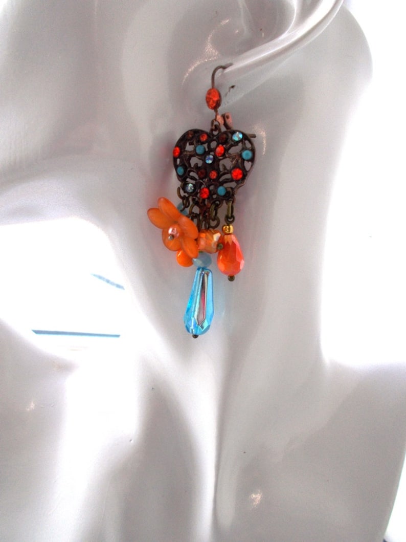 boho swarovksi orange earrings and blue drop orange and blue glass
