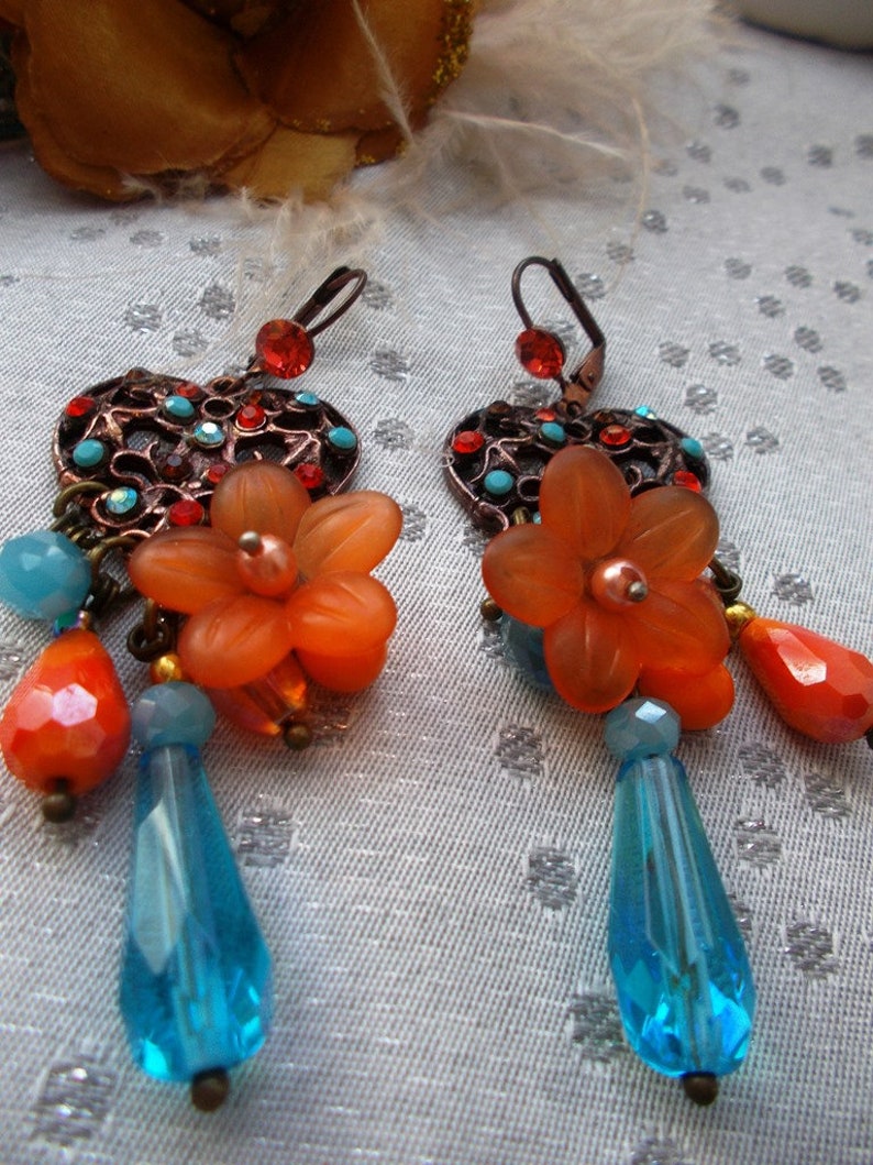 boho swarovksi orange earrings and blue drop orange and blue glass