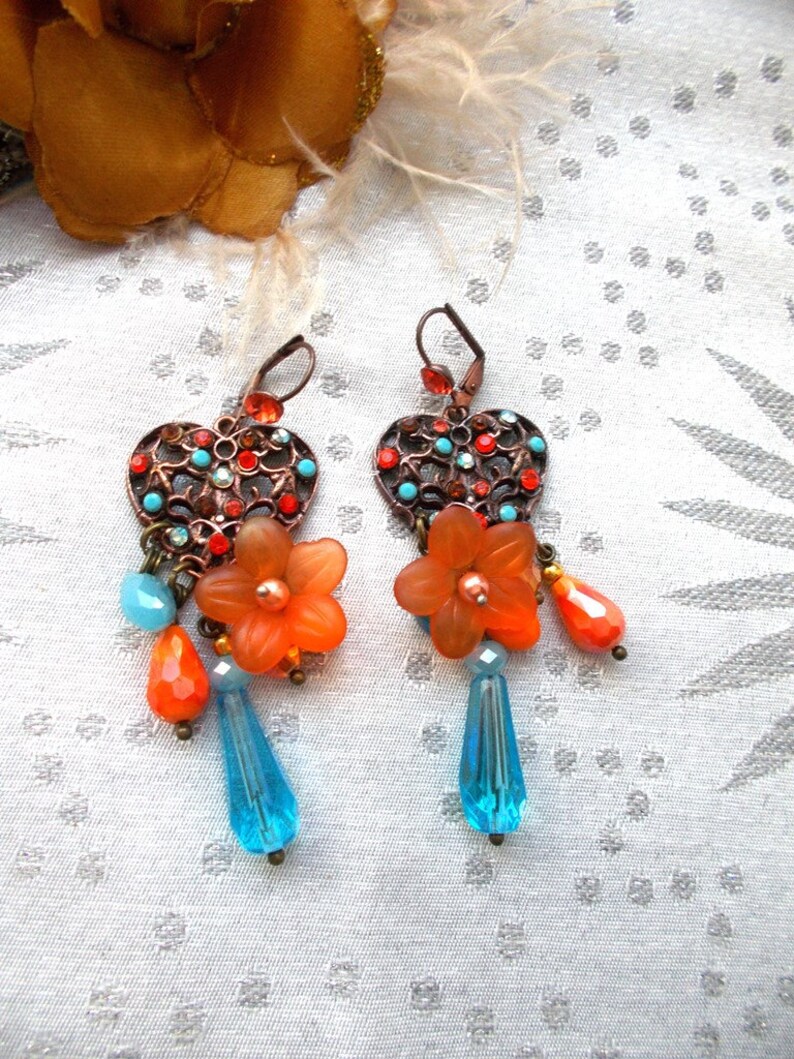 boho swarovksi orange earrings and blue drop orange and blue glass