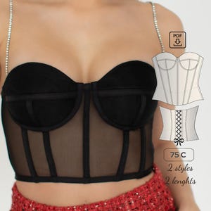 May include: A black mesh and satin corset top with a rhinestone strap. The image includes a PDF download icon and a pattern for a corset with two styles and two lengths. The text on the image reads "75C, 2 styles, 2 lengths".