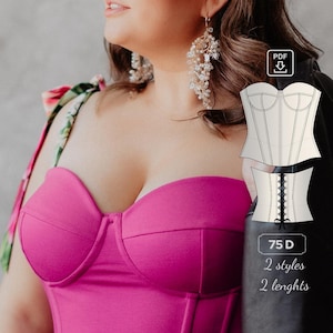 May include: A bright fuchsia bustier top with a sweetheart neckline. The image also features a PDF download icon and a diagram of a cream-coloured corset with black stitching. Text on the image reads "75 D", "2 styles", and "2 lengths".