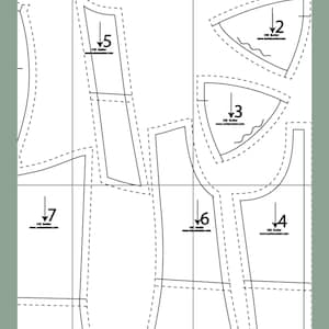 May include: A black and white sewing pattern featuring various garment pieces labeled with numbers 2 through 7. Each section includes a downward arrow and the text D&S Bustier along with a website URL. The layout consists of dashed lines.