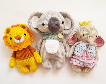 Deutsch COMBI 3 Amigurumi Crochet Patterns "Leo the Lion, Pepe the Koala, Ava the Elephant" PDF