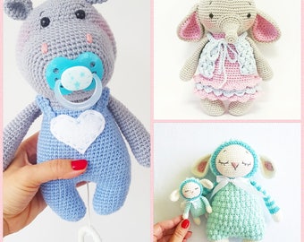 Combo (English only!!) 3 amigurumi patterns "Baby Hippo Ben, Ava, Mara!"