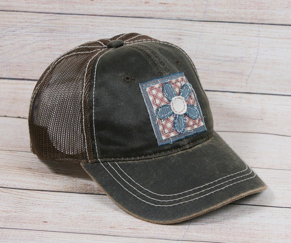 Ladies Brown Baseball Cap with Handmade Flower Decal