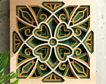 Lucky Mandala 3D layered cut file for Glowforge and laser cutting machines - including svg, dxf, ai, pdf formats, Four leaf clover mandala