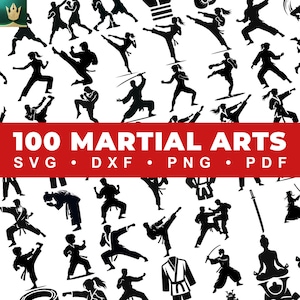 Paquete de 100 diseños SVG de autodefensa y artes marciales / Karate, Boxeo, Taekwondo / Diseños vectoriales de silueta negra, incluye Png, DXF y PDF