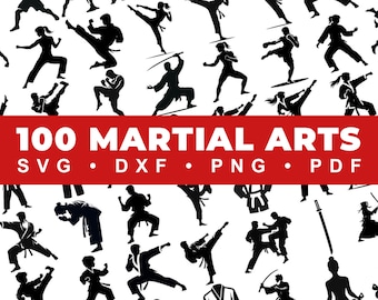 100 Self Defense and Martial Arts SVG Designs Bundle | Karate, Boxing, Taekwondo |  Black Silhouette Vector Designs, Includes Png, DXF & PDF