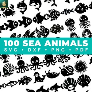 100 Cute Cartoon Sea Animals SVG Designs Bundle | Sea Life | Marine Animals | Black Silhouette Vector Designs, Includes Png, DXF & PDF