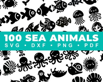 100 Cute Cartoon Sea Animals SVG Designs Bundle | Sea Life | Marine Animals | Black Silhouette Vector Designs, Includes Png, DXF & PDF