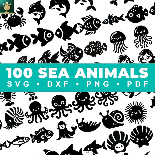 100 Cute Cartoon Sea Animals SVG Designs Bundle | Sea Life | Marine Animals | Black Silhouette Vector Designs, Includes Png, DXF & PDF