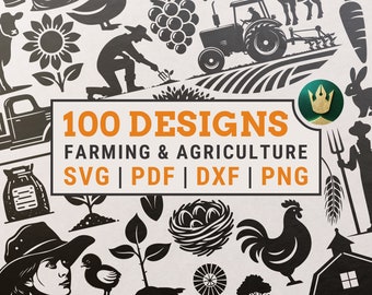 100 Farming and Agriculture SVG Bundle | Black Silhouette Vector Designs for Crafters | Includes Png, DXF & PDF - Simple Illustrations