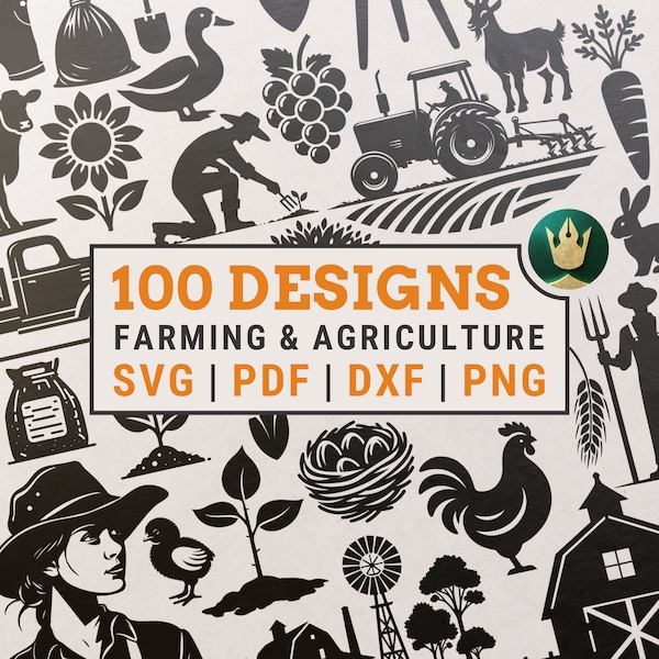 100 Landwirtschaft SVG Bundle | Schwarze Silhouette-Designs für Handwerker | Enthält Png, DXF, PDF - einfache Illustrationen