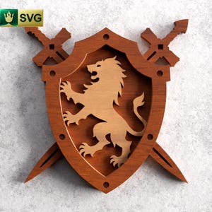 Escudo de león en 3D SVG en capas / Escudo heráldico / Archivo de corte digital medieval / SVG, DXF, Pdf, Ai, Eps, Png / Proyecto de decoración de fantasía / León vintage