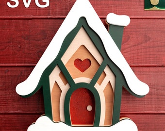 Cute House 3D Layered V1 | Digital Cut File - SVG, DXF, PDF | Compatible with Cricut, Silhouette, Glowforge | Christmas House Template