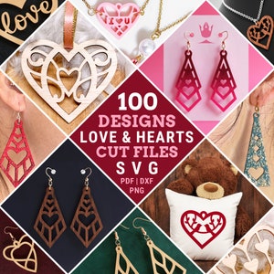 May include: A collage of 100 SVG cut files featuring love and heart designs. The designs include hearts, earrings, and other romantic themes. The text "100 DESIGNS LOVE & HEARTS CUT FILES SVG PDF | DXF PNG" is displayed in the center of the image.