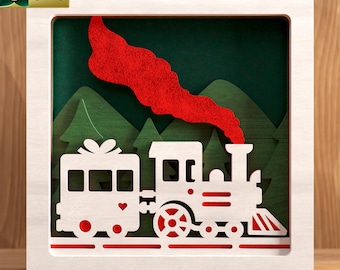 Christmas Train 3D Layered SVG | Festive Cut File | Holiday Train Scene | SVG, DXF, Pdf, Ai, Eps, Png | Christmas Decor Project
