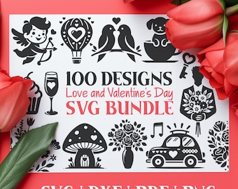 100 Love and Valentine's Day SVG Designs Bundle | Black Silhouette Vector Designs for Crafters | Includes Png, DXF & PDF - Simple Clip Art
