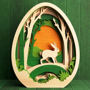 Lapin de Pâques dans la forêt, forme d'oeuf, fichier de coupe en couches 3D pour Glowforge et machines de découpe laser, Svg, Dxf, Pdf, Eps, Ai - Fichiers numériques