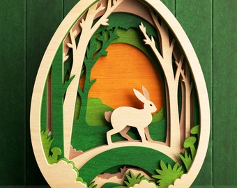 Easter Bunny in the Forest, Egg Shape, 3D Layered Cut File for Glowforge and Laser Cutting Machines, Svg, Dxf, Pdf, Eps, Ai - Digital Files