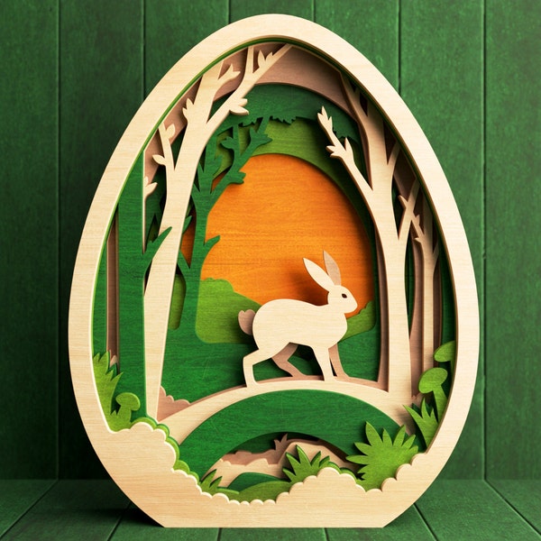 Easter Bunny in the Forest, Egg Shape, 3D Layered Cut File for Glowforge and Laser Cutting Machines, Svg, Dxf, Pdf, Eps, Ai - Digital Files