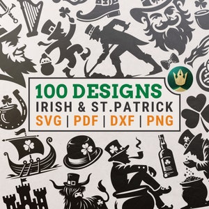 May include: A collection of 100 black and white SVG, PDF, DXF, and PNG designs featuring Irish and St. Patrick's Day themes. The designs include a leprechaun, a pot of gold, a shamrock, a horseshoe, a harp, a castle, a ship, a beer bottle, and a hat.