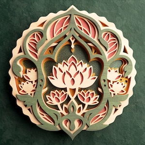 Lotus Flower Mandala, Fichier de coupe en couches 3D pour Glowforge et Machines de découpe laser, Svg, Dxf, Pdf, Eps, Ai - Fichiers numériques - Art mural Zen