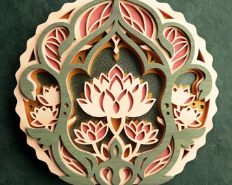 Lotus Flower Mandala, 3D Layered Cut File for Glowforge and Laser Cutting Machines, Svg, Dxf, Pdf, Eps, Ai - Digital Files - Zen Wall Art