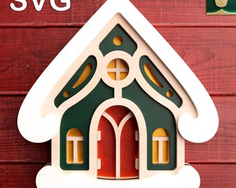 Cute House 3D Layered V4 | Digital Cut File - SVG, DXF, PDF | Compatible with Cricut, Silhouette, Glowforge | Christmas House Template