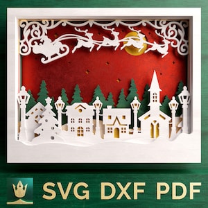 Villaggio di Natale a strati 3D V.1 / File di taglio digitale - SVG, DXF, PDF / Compatibile con Cricut, Silhouette, Glowforge / Christmas Shadowbox