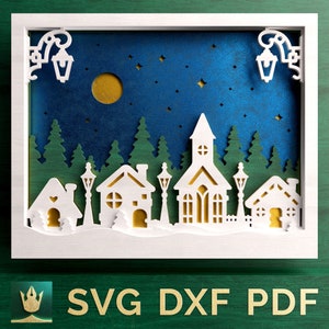 3D gelaagd kerstdorp V.2 | Digitaal gesneden bestand - SVG, DXF, PDF | Compatibel met Cricut, Silhouet, Glowforge | Kerst Schaduwdoos