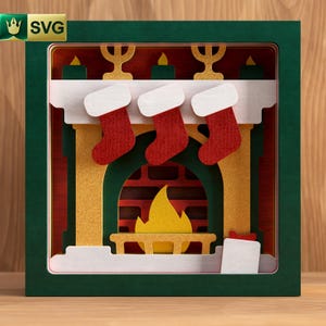 Weihnachtskamin 3D überlagert SVG | Strümpfe geschnitten Datei | Urlaub Mantel Szene | SVG, DXF, Pdf, Ai, Eps, Png | Weihnachtsdekor-Projekt